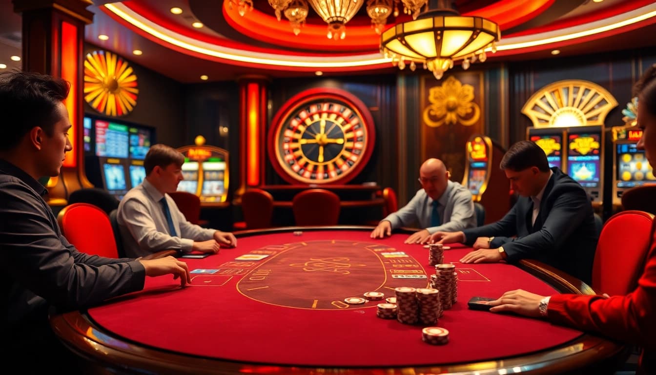 Players engage in a dynamic poker game, showcasing DF999 nhà cái with vibrant casino elements.