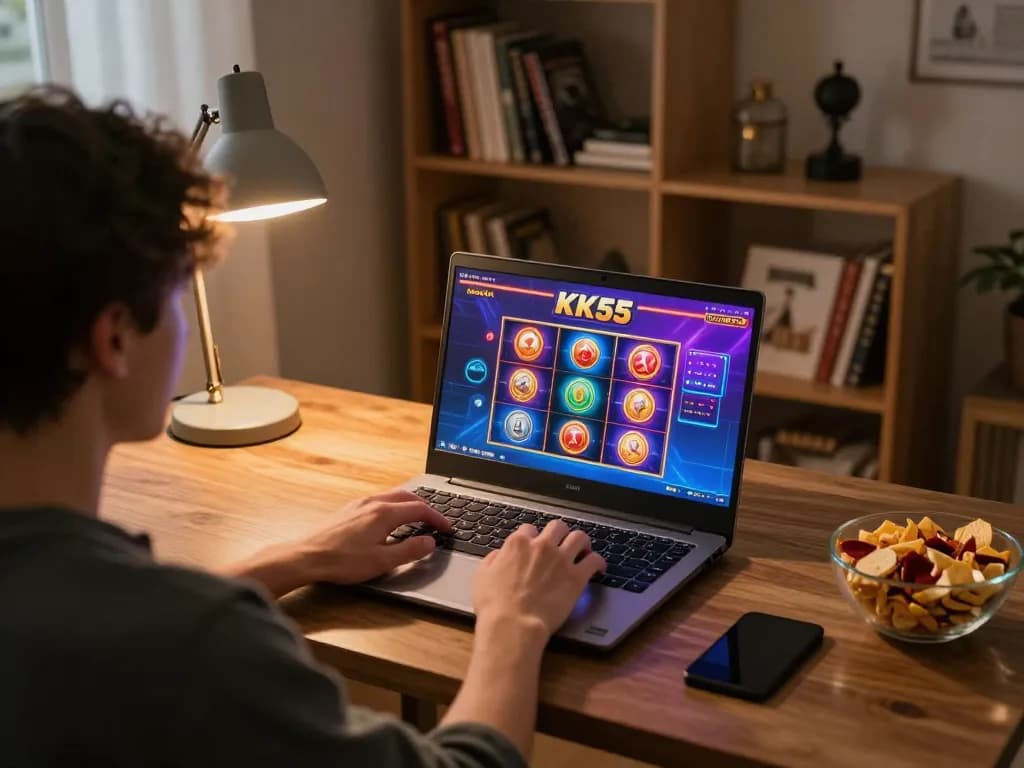 Engaging in KK55 online casino gaming with active gameplay on a laptop in a cozy home office.