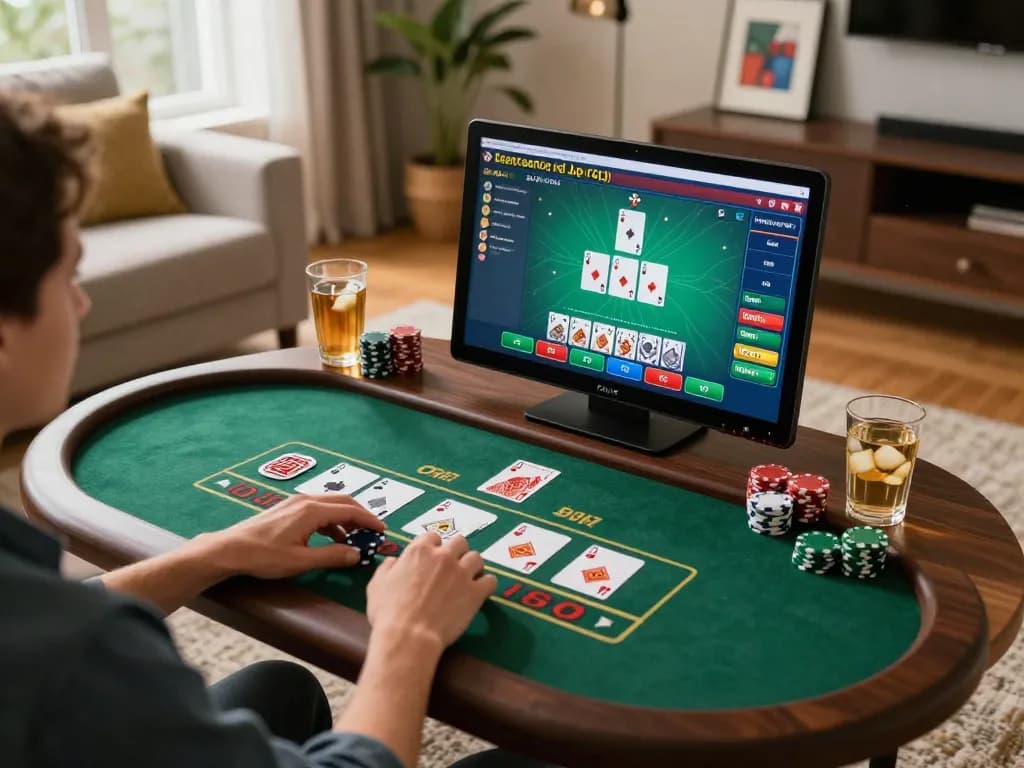 LUCK8 player enjoying a live dealer blackjack game on tablet at home, highlighting modern gaming setup