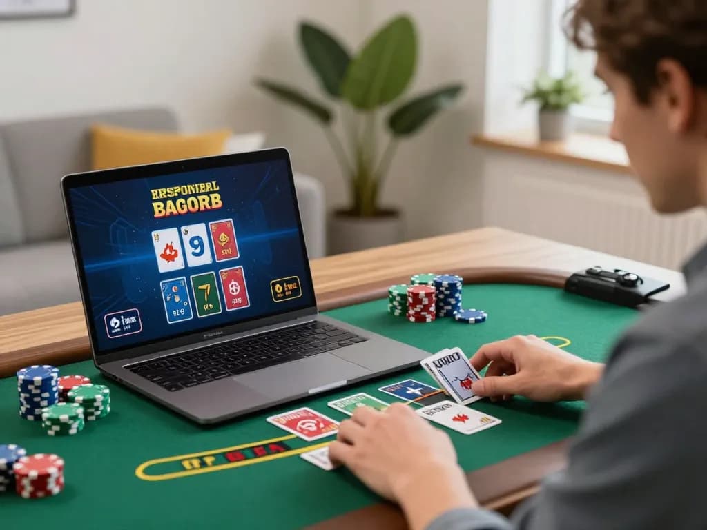 Engaging moment of online blackjack at home with tr88seo gaming focus, showcasing live dealer interaction.