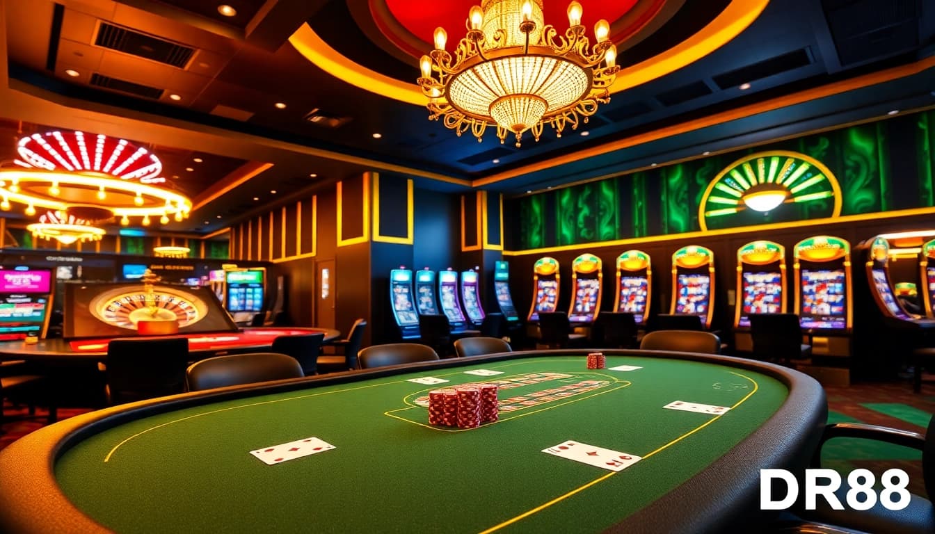 Experience the thrill of DR88 with vibrant casino elements including poker chips, roulette wheel, and slot machines.