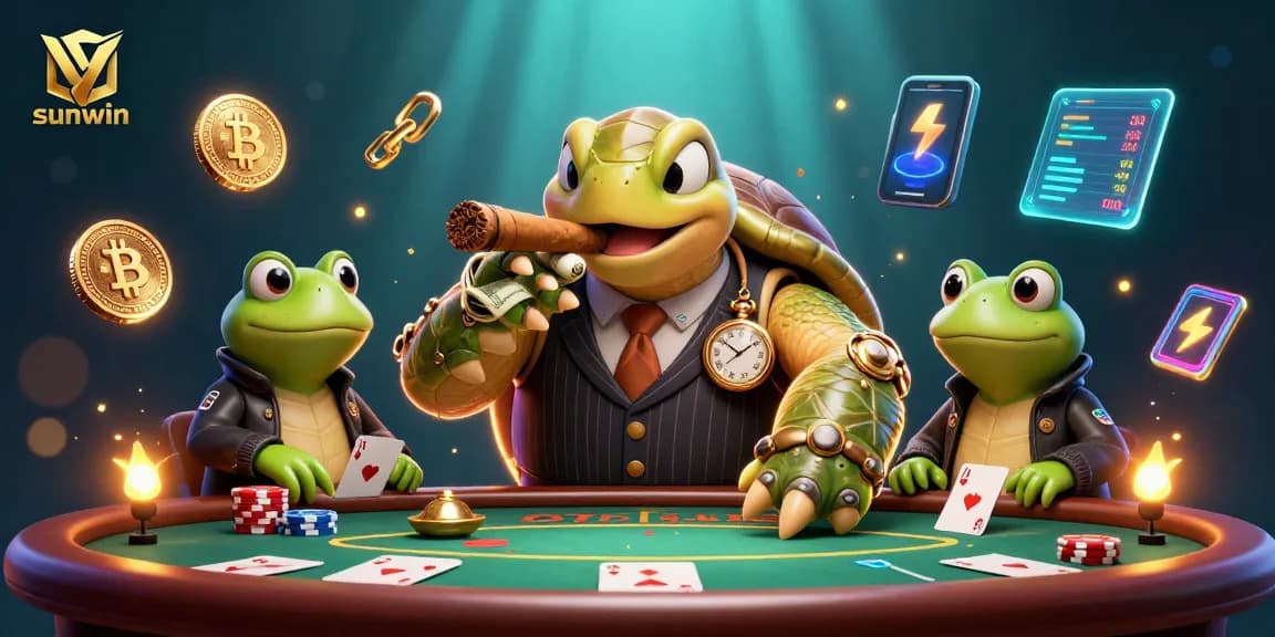 Play poker and win at Sunwin with a dynamic casino scene featuring a flamboyant turtle.