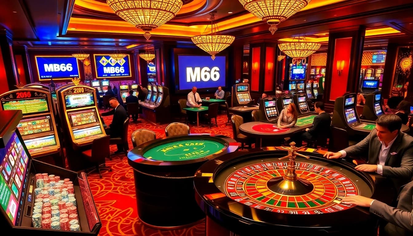 Exciting casino scene representing MB66 with roulette and poker games for an engaging gambling experience.
