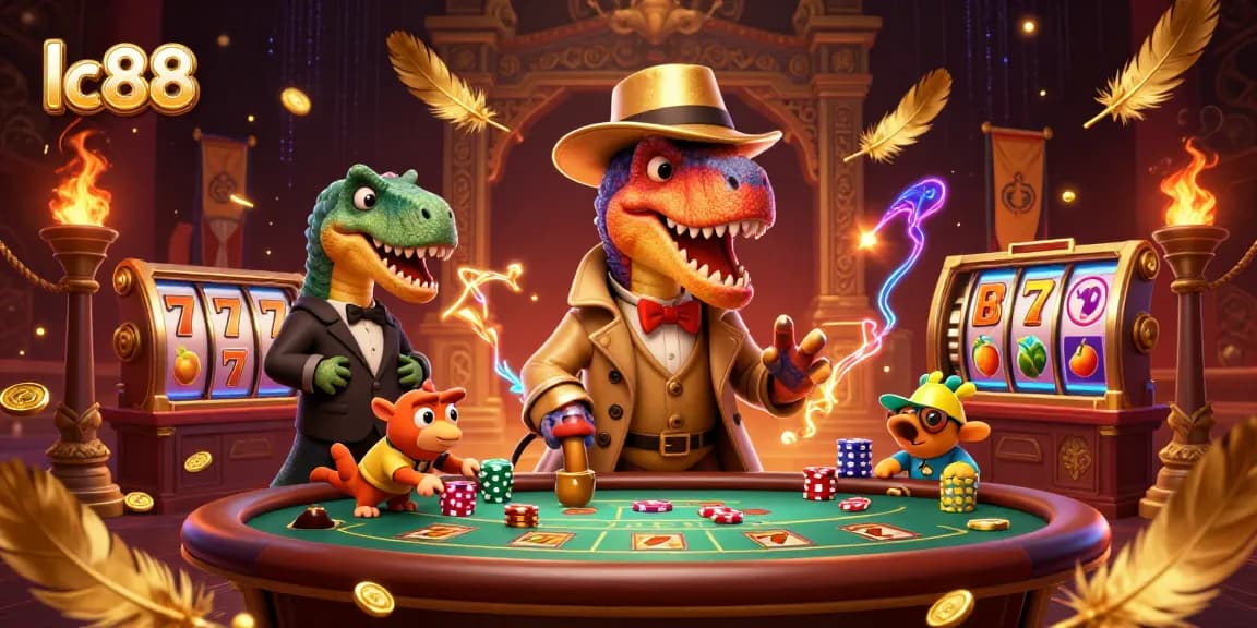 Experience the thrill of lc88 with a vibrant casino scene featuring a velociraptor card counter and playful details.