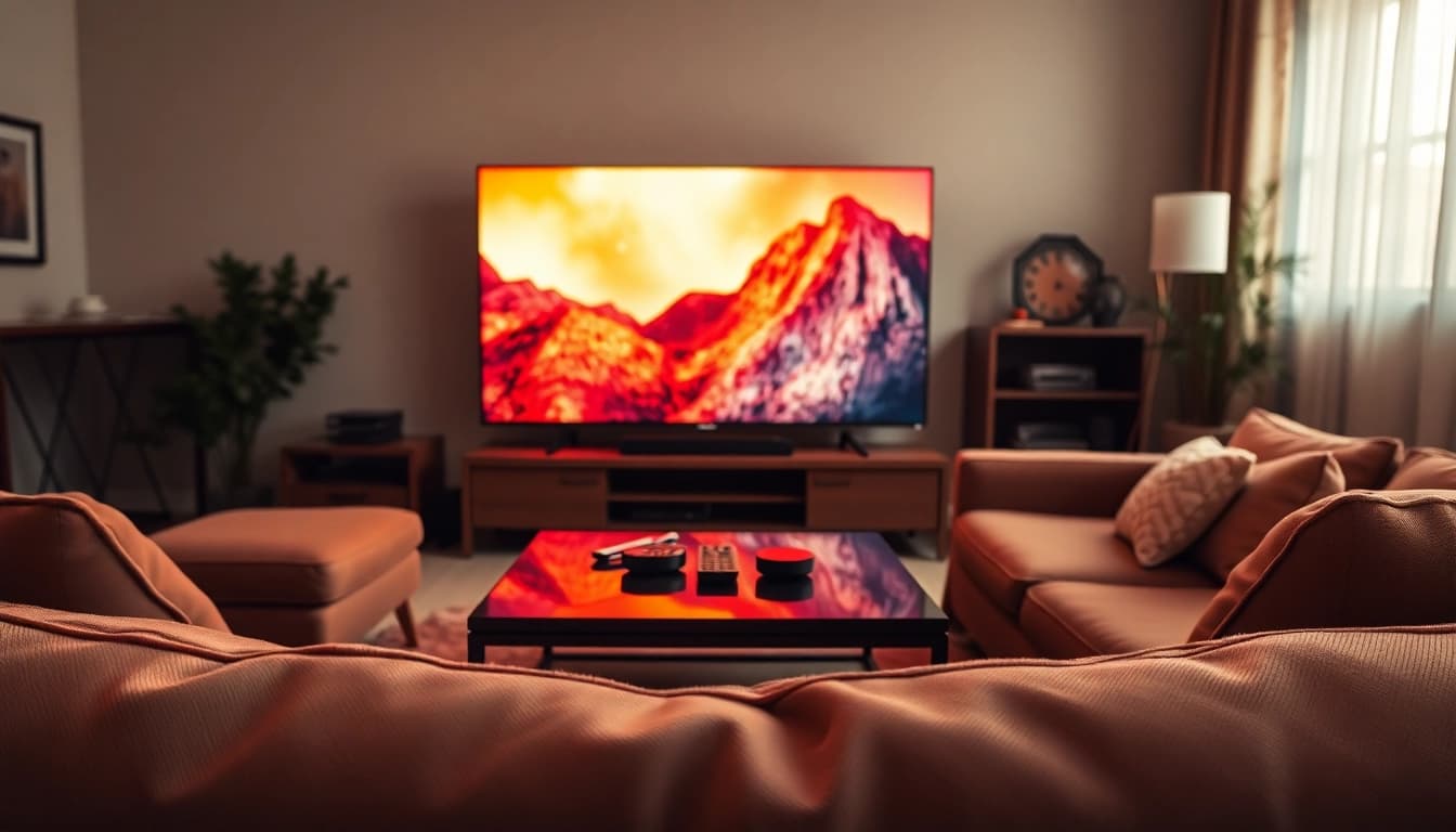 Engaging living room with iron tv streaming vibrant content on a sleek flat-screen television.