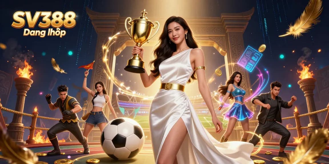 Bet on thrilling moments with SV388 Đăng nhập showcasing a victorious Asian woman amidst dynamic sports betting elements.