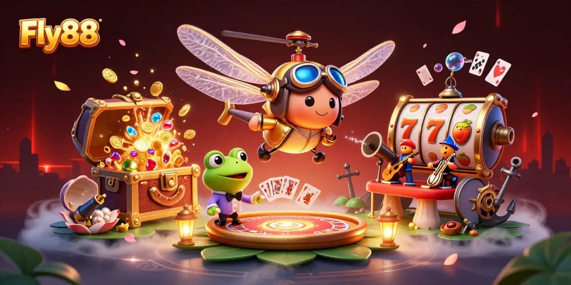 Experience Fly88's thrilling gaming with a dragonfly pilot, frog croupier, and jazz musicians.