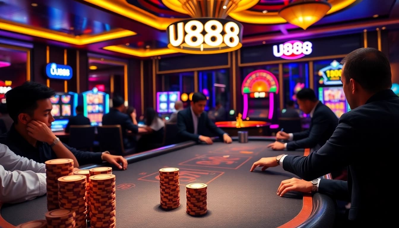 Experience the thrill of U888 with players at a sophisticated poker table in a luxury casino.