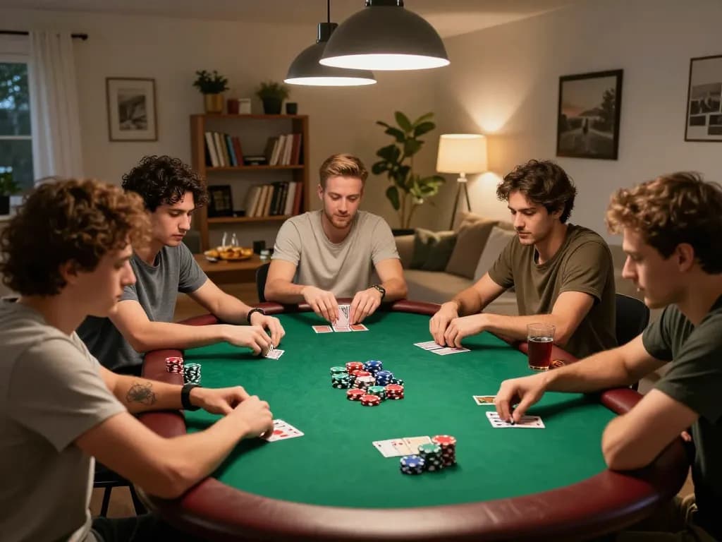 Nạp tiền 789win while friends enjoy a lively poker game at home, surrounded by snacks and drinks.