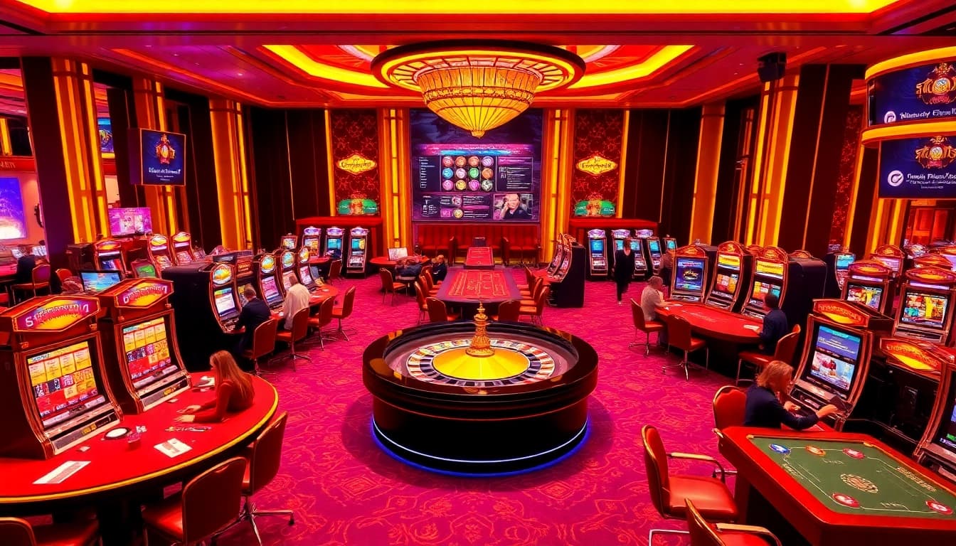 Players enjoying thrilling games at Sunwin's elegant casino tables and vibrant slot machines.
