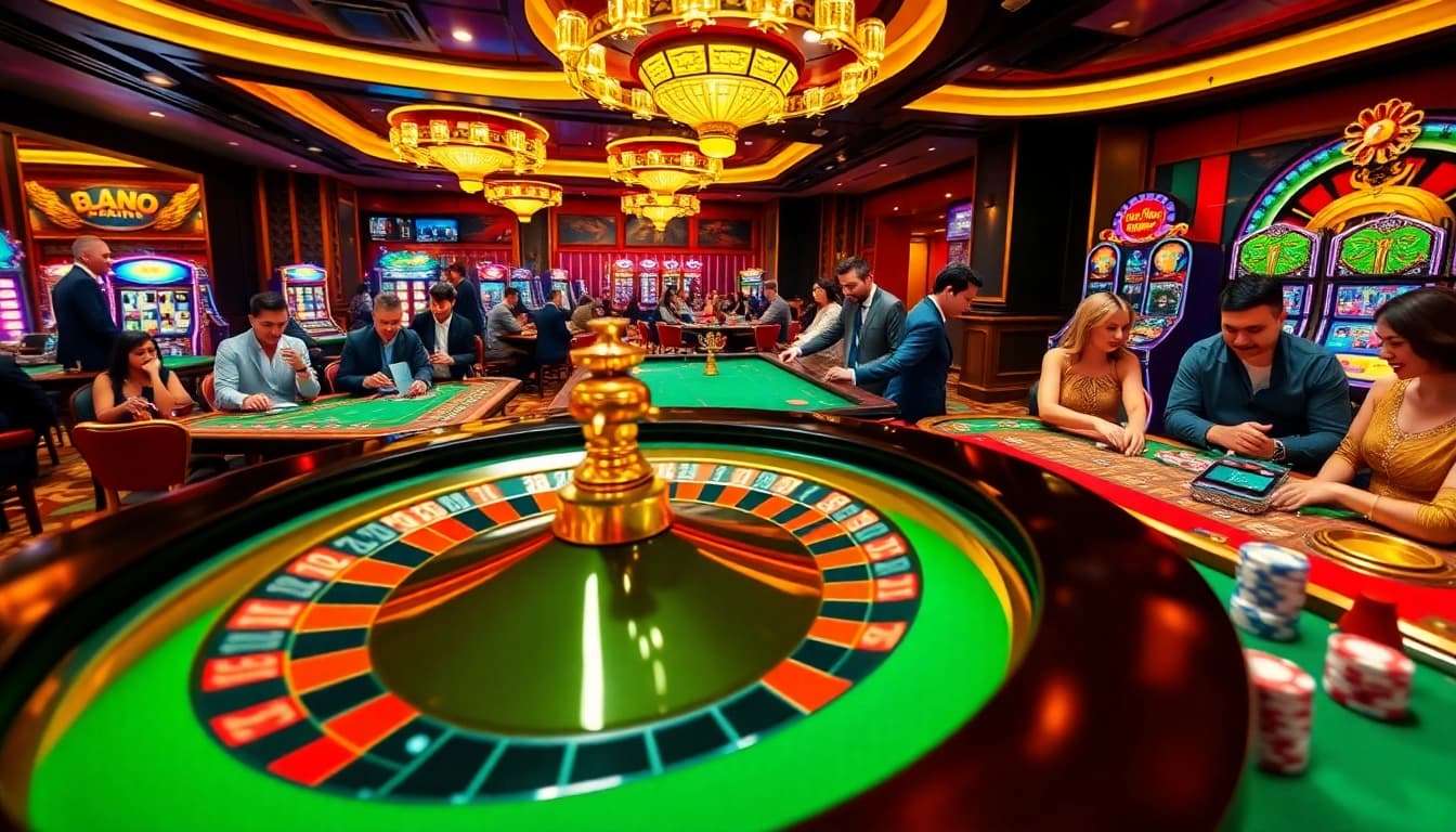 Gamblers enjoying a thrilling online experience at https://99wina.org/, surrounded by roulette and slot machines.