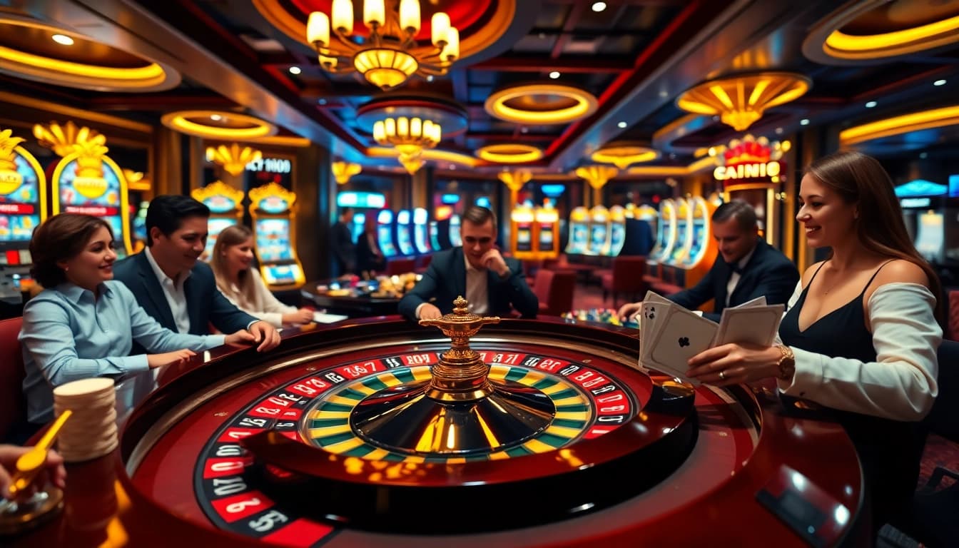 Engage with thrilling casino action at https://cm88.bz/ showcasing roulette, poker chips, and excited players.
