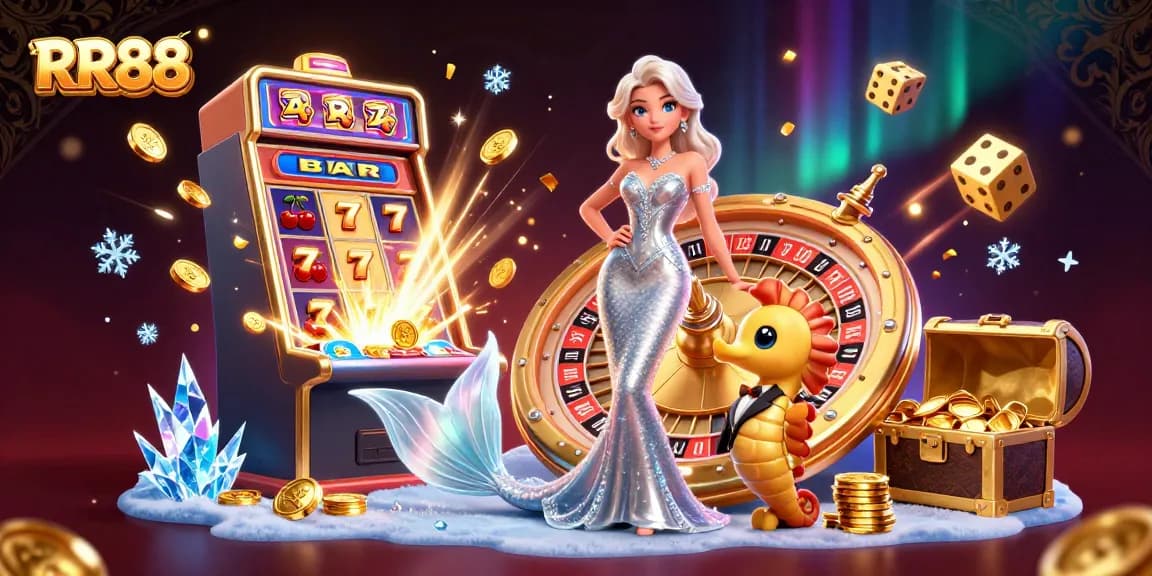 Experience the excitement of RR88 casino with a stunning roulette wheel alongside vibrant gaming elements.