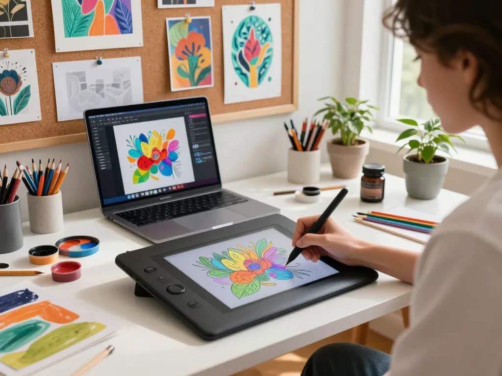 Artist generating AI image prompts on a digital tablet in a bright, creative workspace.