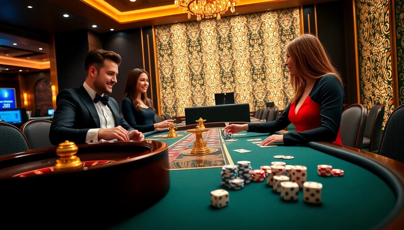GO88 players enjoying a thrilling casino experience with poker chips and roulette wheel.