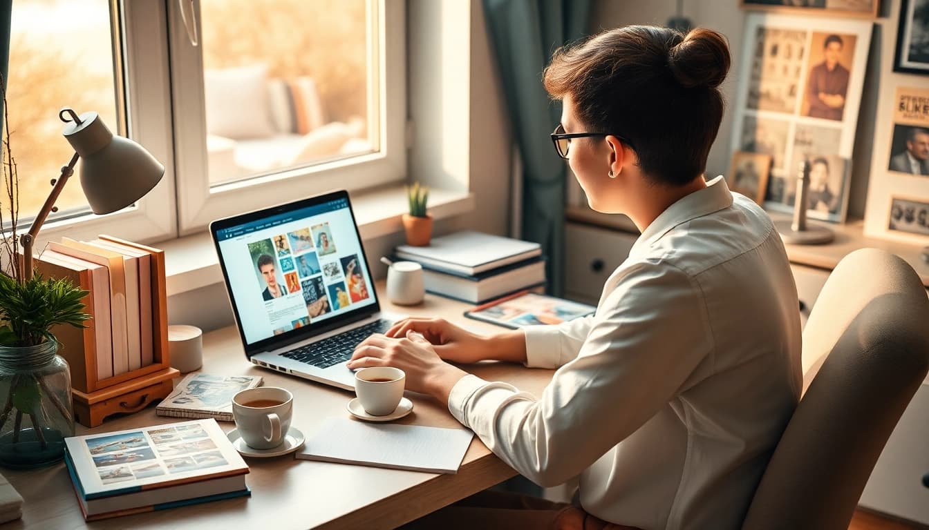 Buying postage stamps online in a cozy home office with a laptop and stamp book.