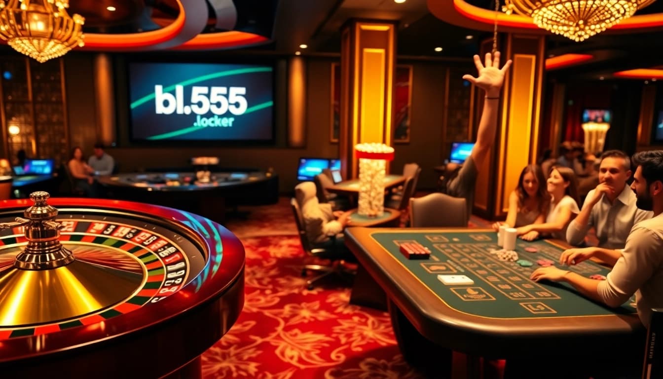 Experience a thrilling win at bl555.locker with illuminated casino tables and sparkling poker chips.
