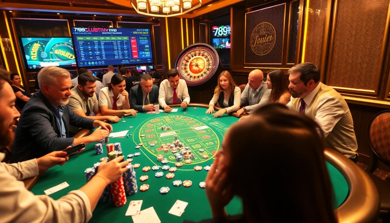 Players engaging in fast-paced action at the 789club casino table with colorful poker chips and cards.