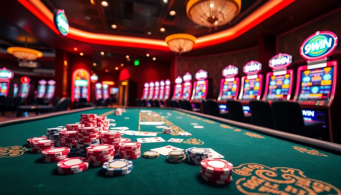 Experience the thrill of wagering at 9WIN's luxurious casino tables, featuring vibrant poker chips and cards.