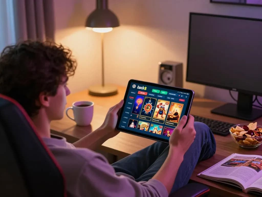 Engaging with luck8 app on a tablet in a cozy home gaming setup, showcasing casino games and snacks