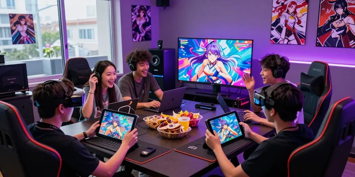 Engaged players enjoying a vibrant hentai game in a tech-savvy gaming room.