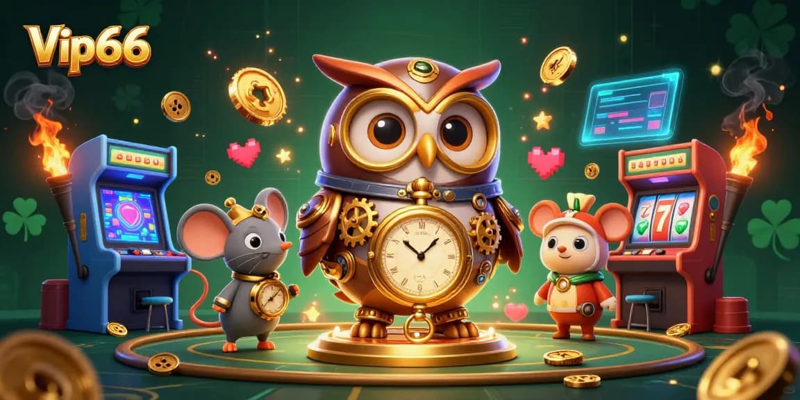 Engage with the dynamic gaming experience at Vip66 illustrated with a time-traveler owl and arcade elements.