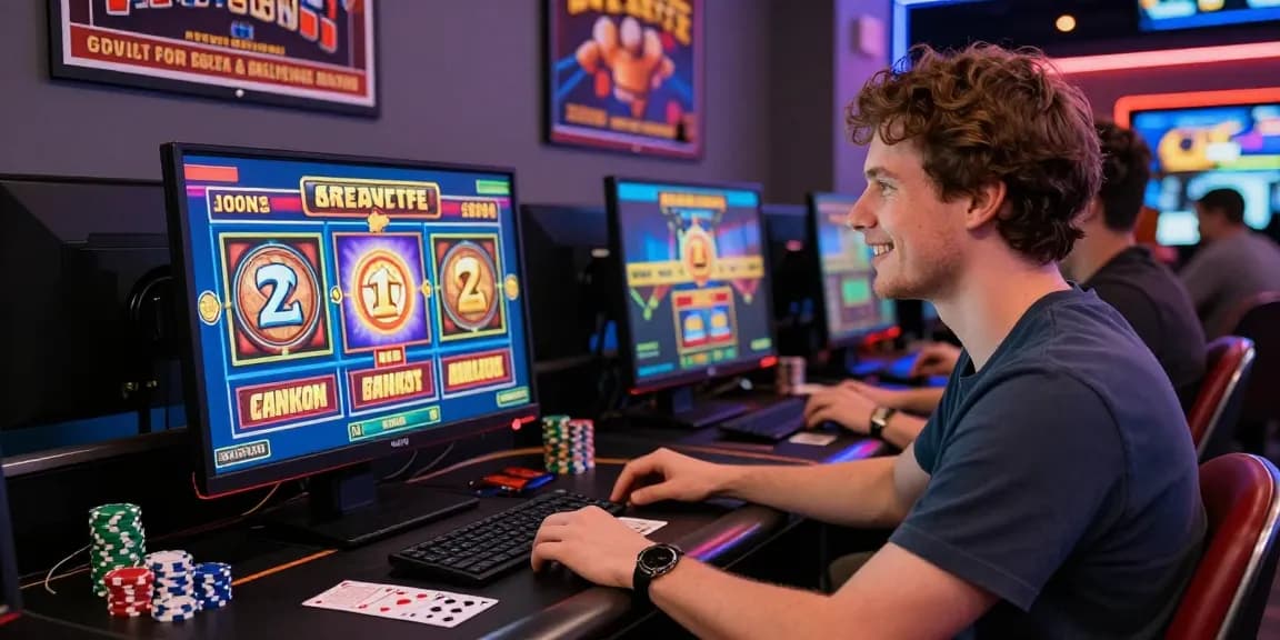 Exciting online casino atmosphere featuring a UK player enjoying video slots, highlighting https://gdsap.org.uk amid gaming elements like cards, chips, and a credit card.