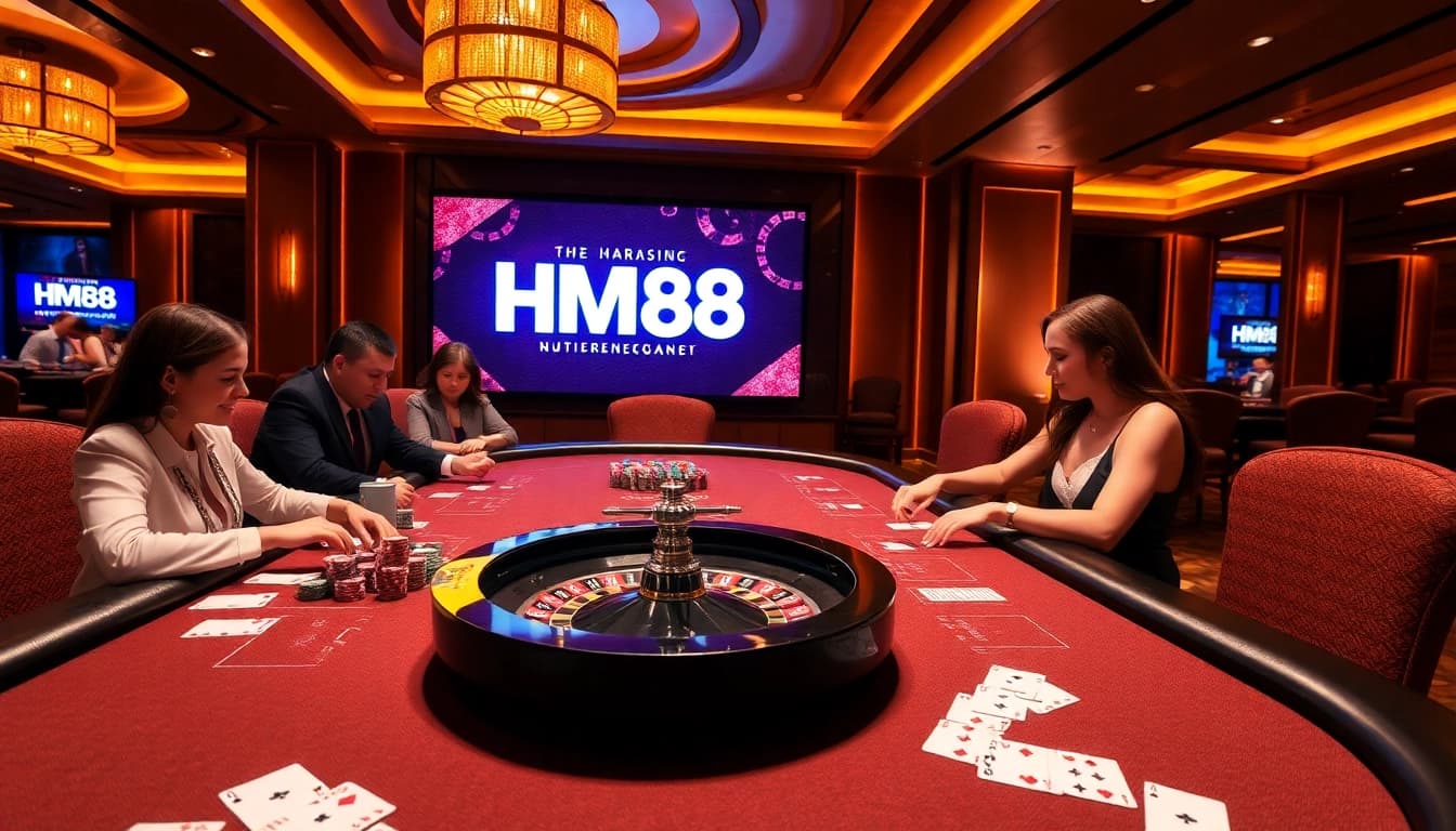 Players engaging in thrilling casino games at HM88, featuring poker chips and roulette.