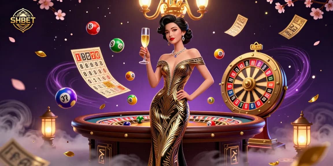 Experience thrilling gameplay with SHBET as an elegant woman celebrates wins in a dynamic casino scene.