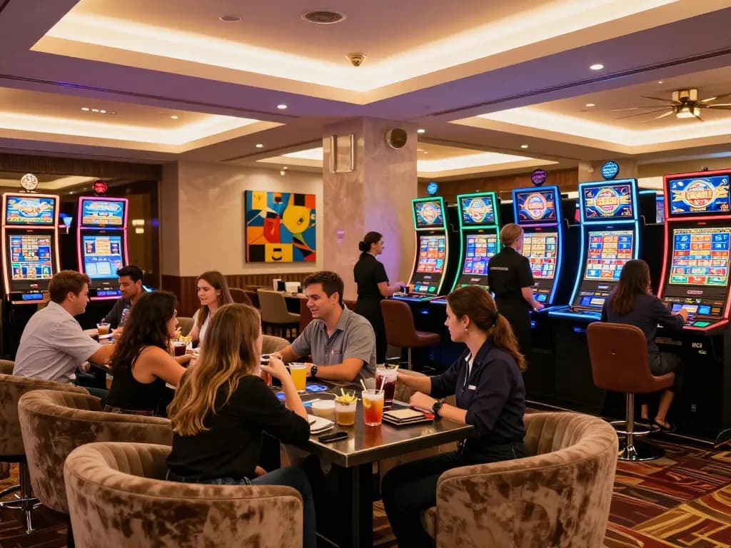 Players enjoying their gaming experience at 123win casino with vibrant atmosphere and modern decor.