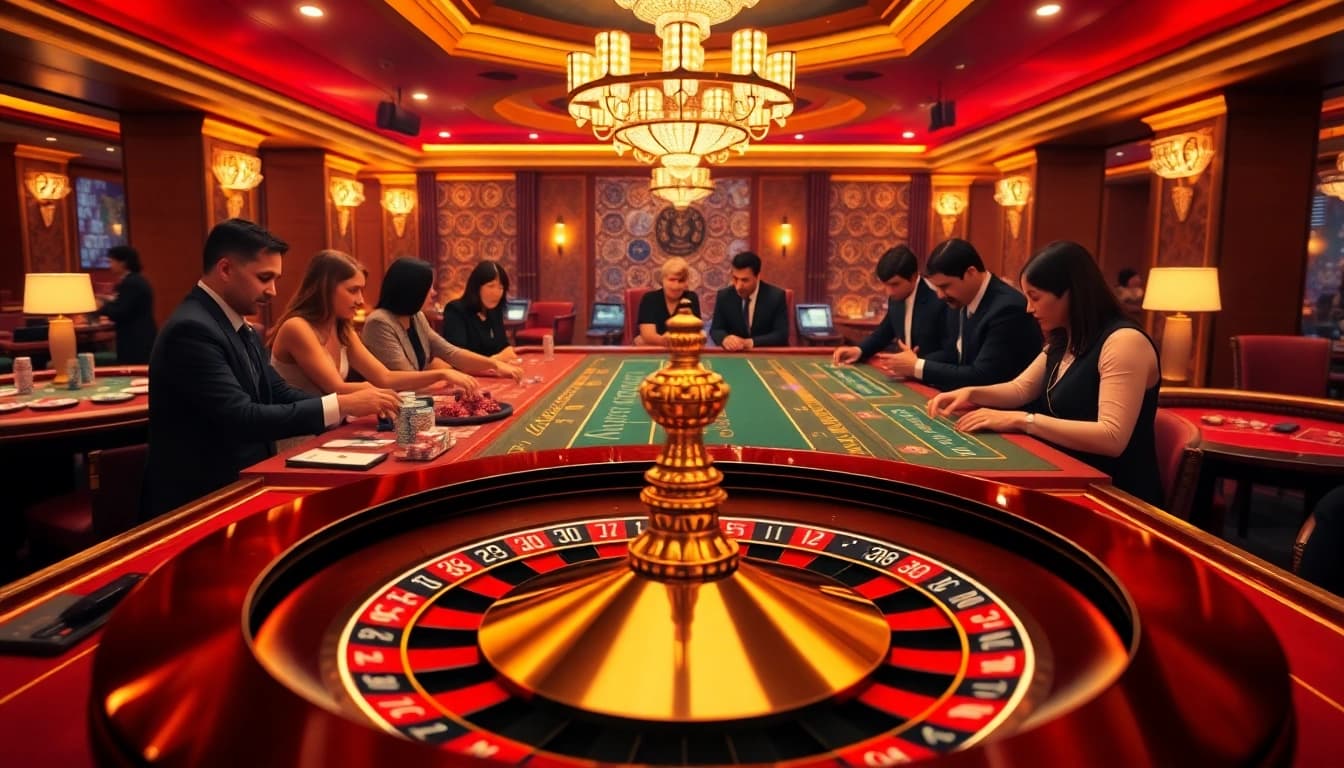 Engaged players at a high-stakes table enjoying game bài đổi thưởng in a luxurious casino setting.