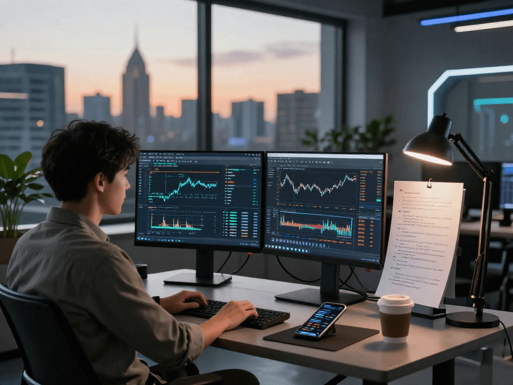Programador trabajando en la plataforma de trading Immediate Edge en un ambiente tecnológico moderno.