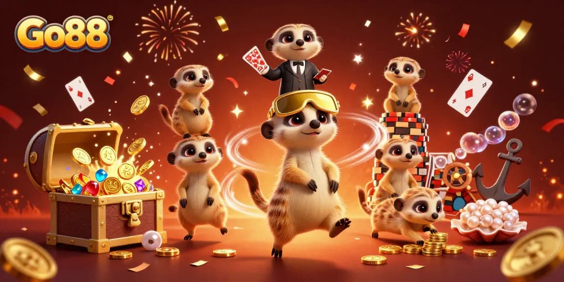 Experience the excitement of Go88 with meerkats orchestrating a vibrant casino scene rich in gaming elements.