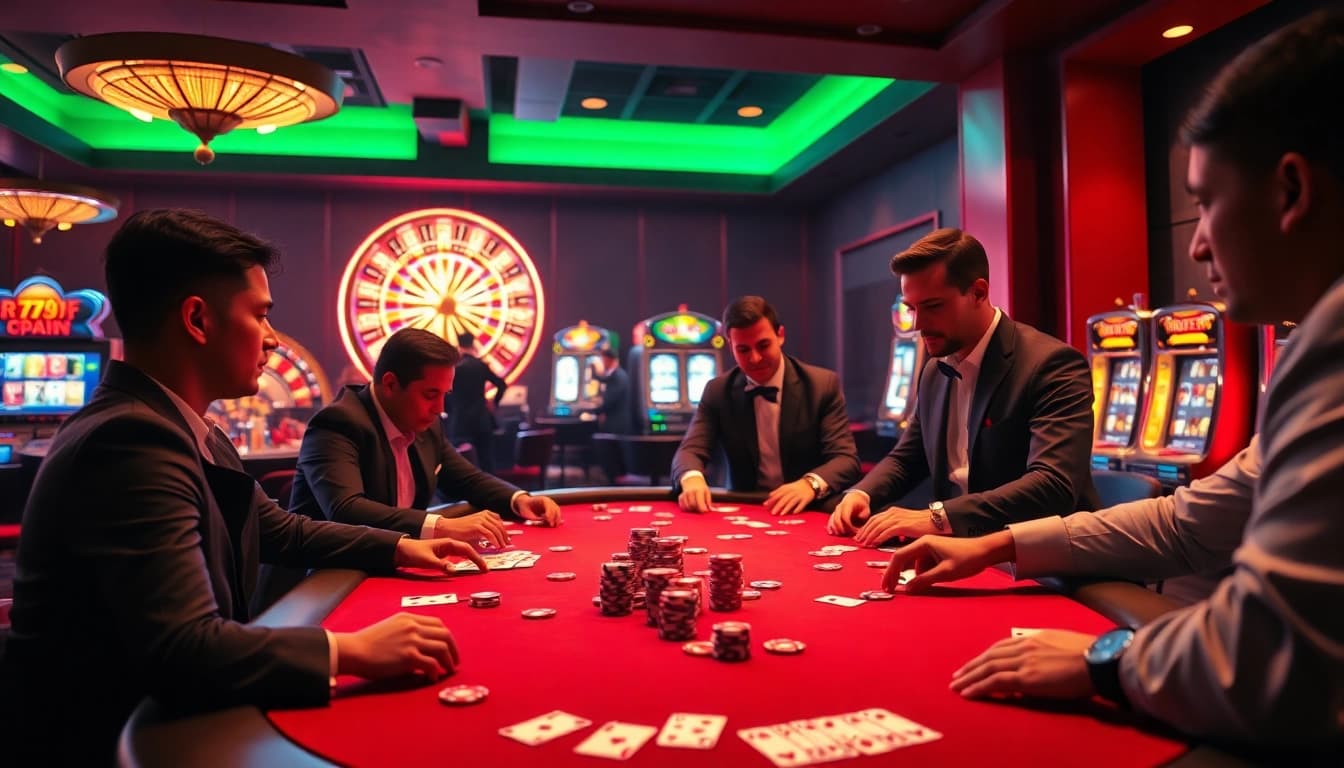 Experience the thrill of high-stakes poker at 789f with vibrant poker chips and elegant players.