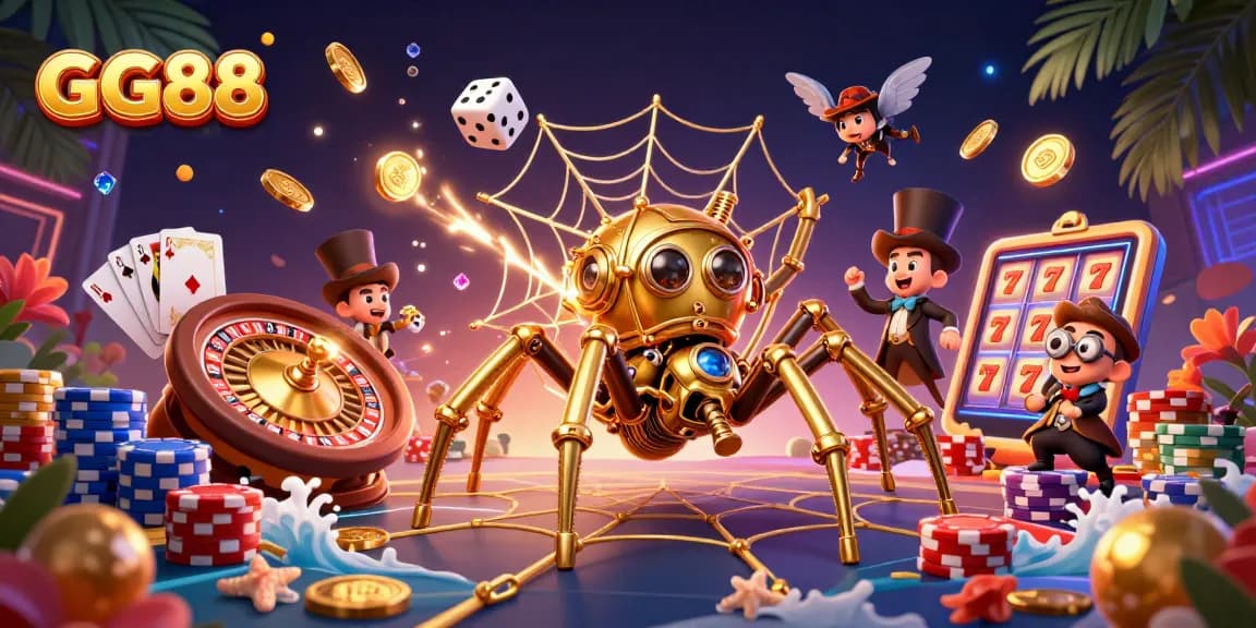 Experience thrilling gameplay at GG88 with a steampunk spider and cascading coins in an exciting online casino scene.