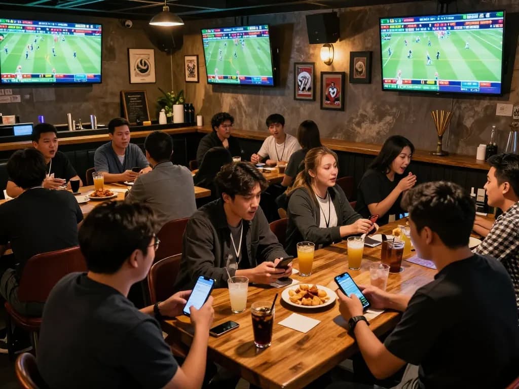 Kèo nhà cái betting on live sports at a lively sports bar with engaged fans and multiple screens.