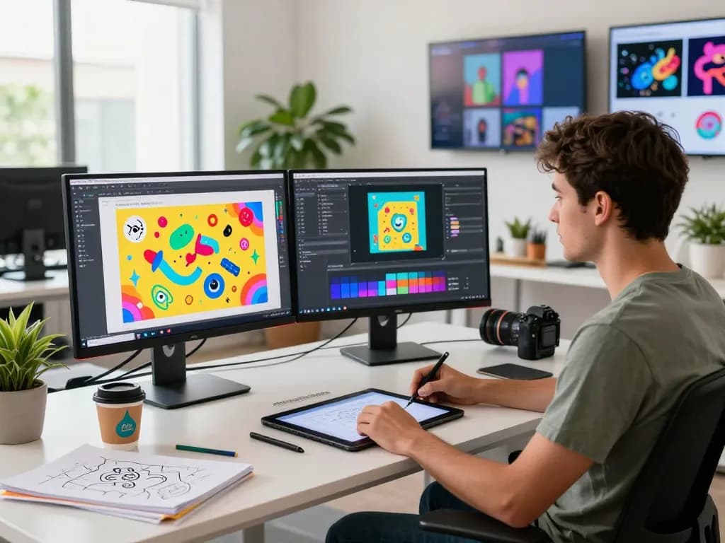 Designer using Nano Banana 2 AI image editor in a bright creative workspace.
