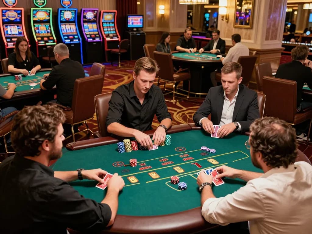 Cách chơi bài Xì Dách with players engaged at an exciting casino table, dynamic game scene and vibrant atmosphere