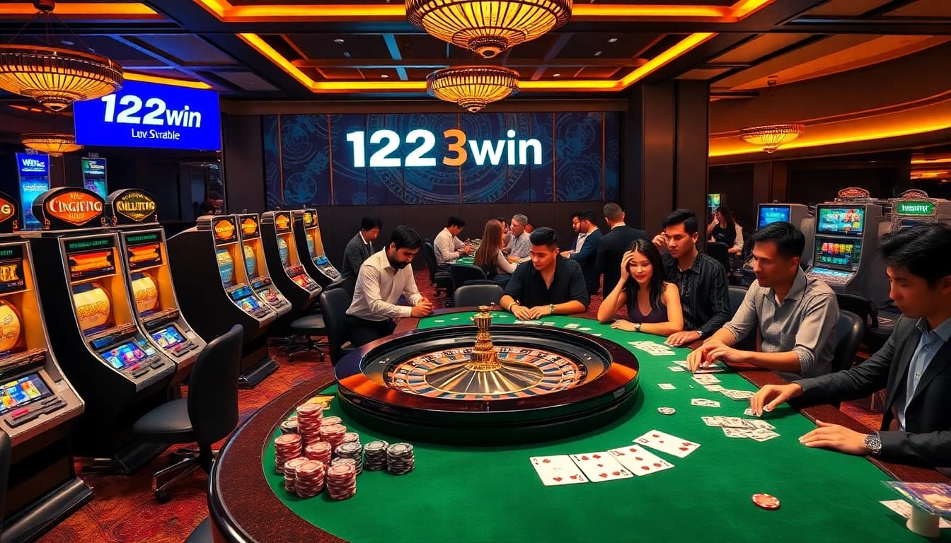 Experience the thrill of 123win with a vibrant casino atmosphere filled with roulette, slot machines, and eager gamblers.