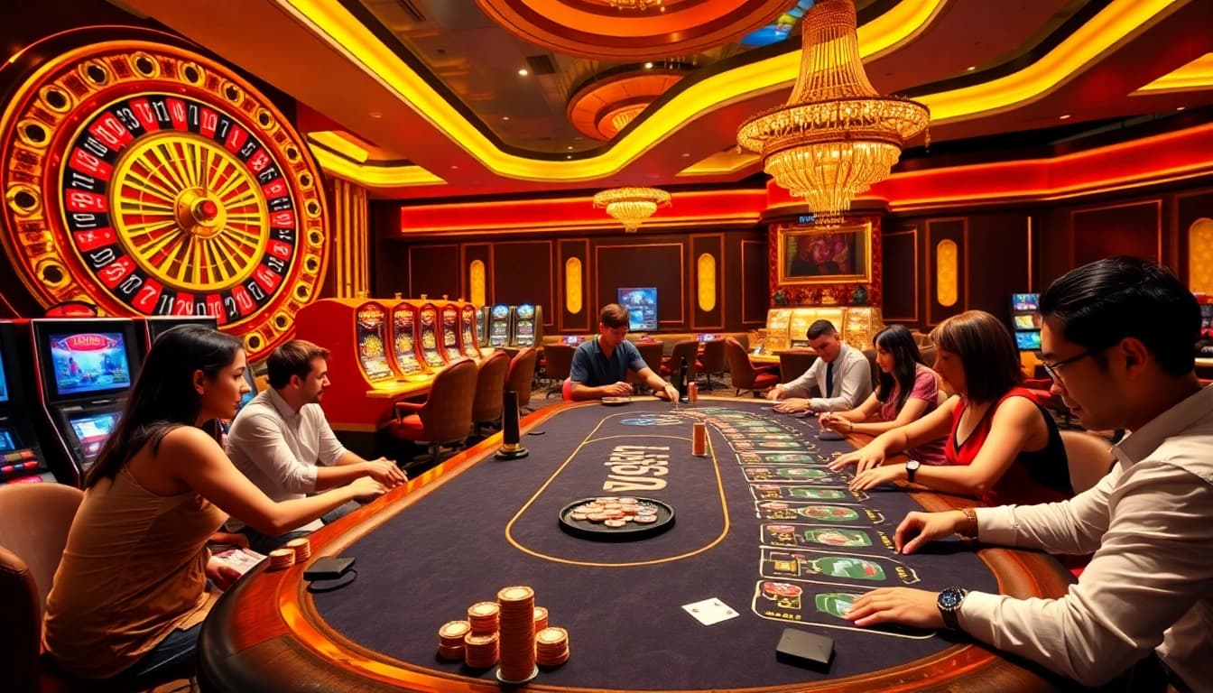 Experience high-stakes gaming at TPJ's vibrant casino, featuring roulette and poker tables.