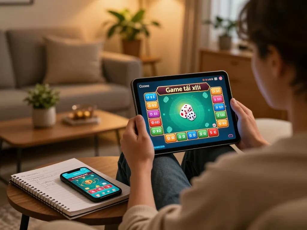Engaged player exploring Game tài xỉu on tablet in cozy home environment, showcasing responsible gaming.