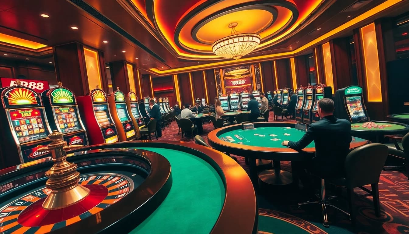 Experience the thrill of winning at RR88 casino with vibrant slot machines and poker tables.