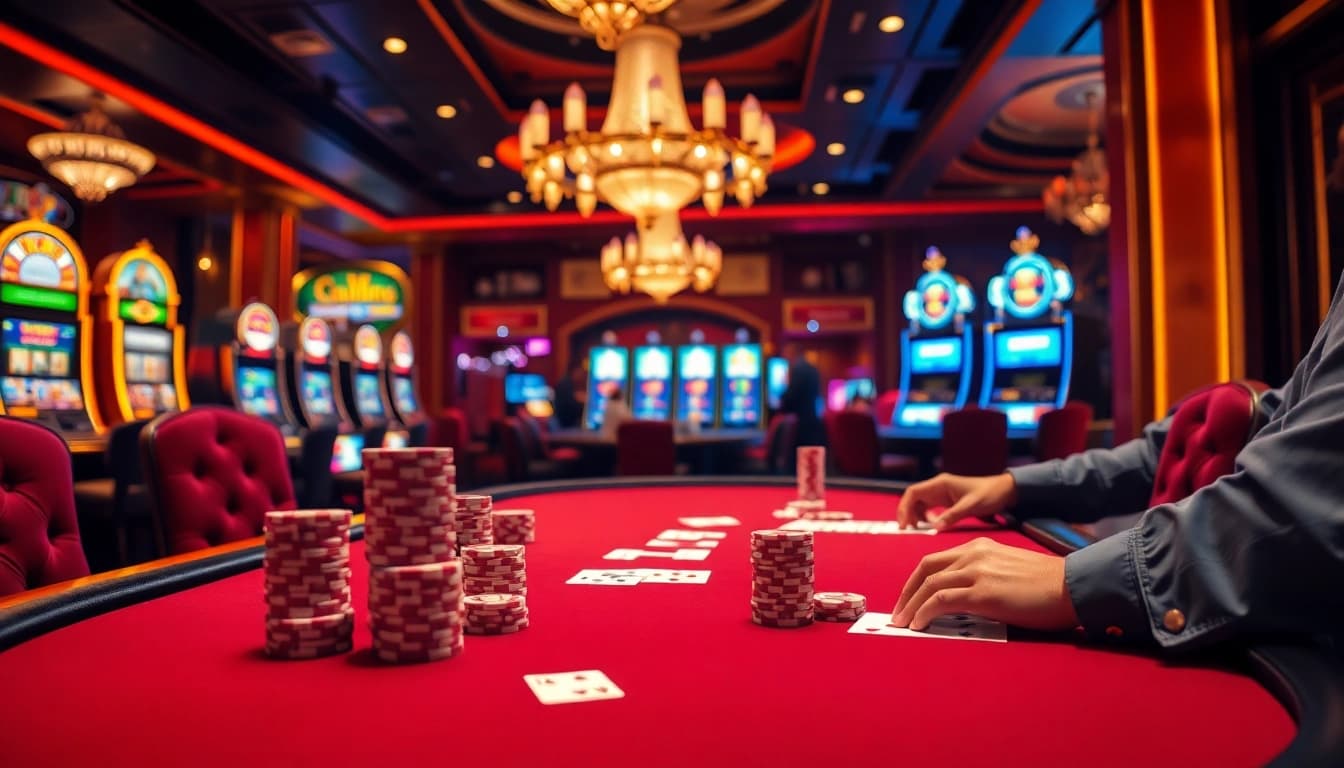 CM88 poker scene with players, poker chips, and slot machines in a luxurious casino.