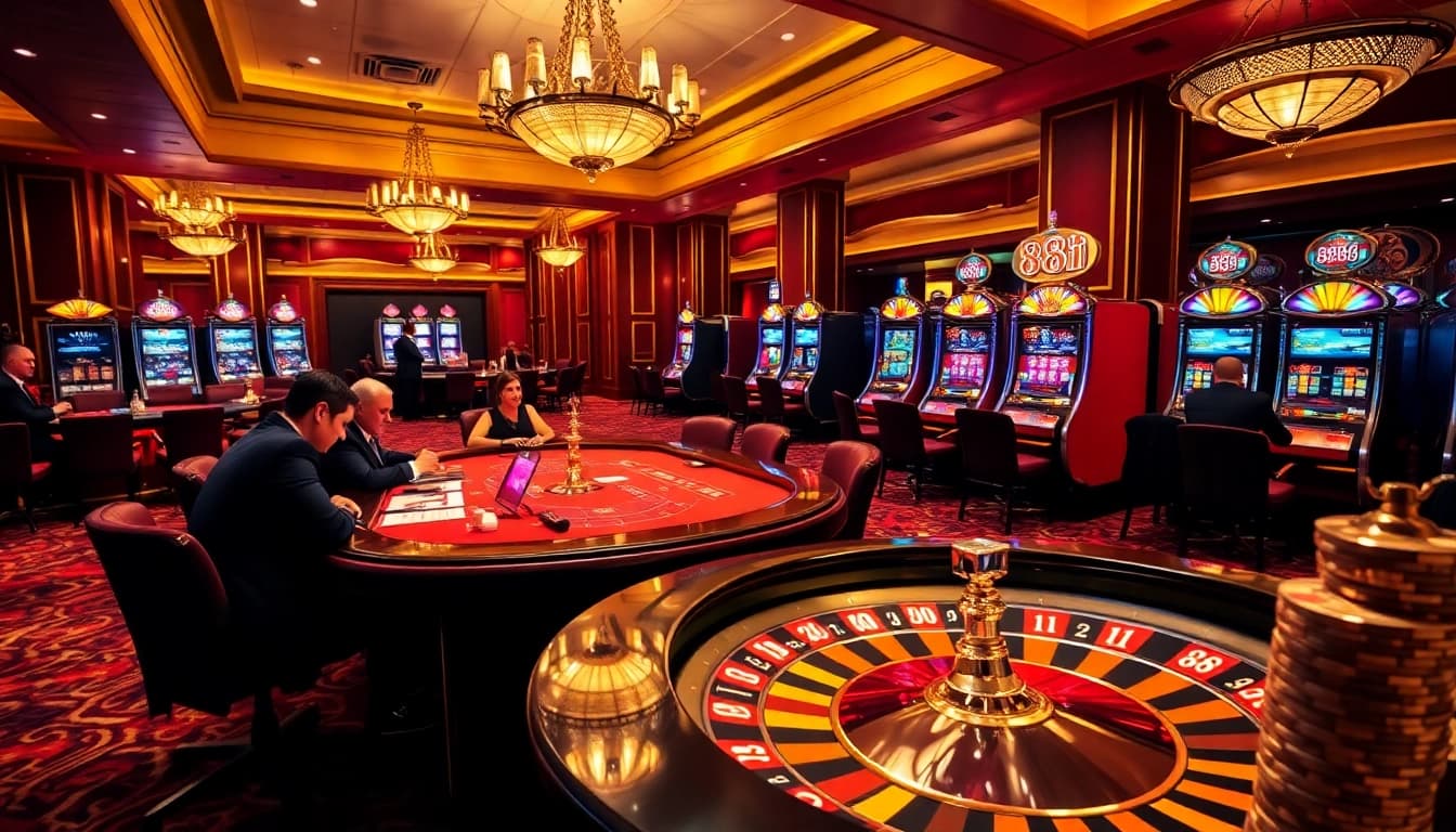 Gambling enthusiasts engage with the luxurious casino experience at 88i, surrounded by poker chips and roulette.