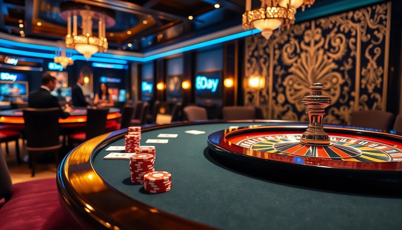 Exciting gameplay at a luxurious 8day casino, featuring poker chips and a roulette wheel.