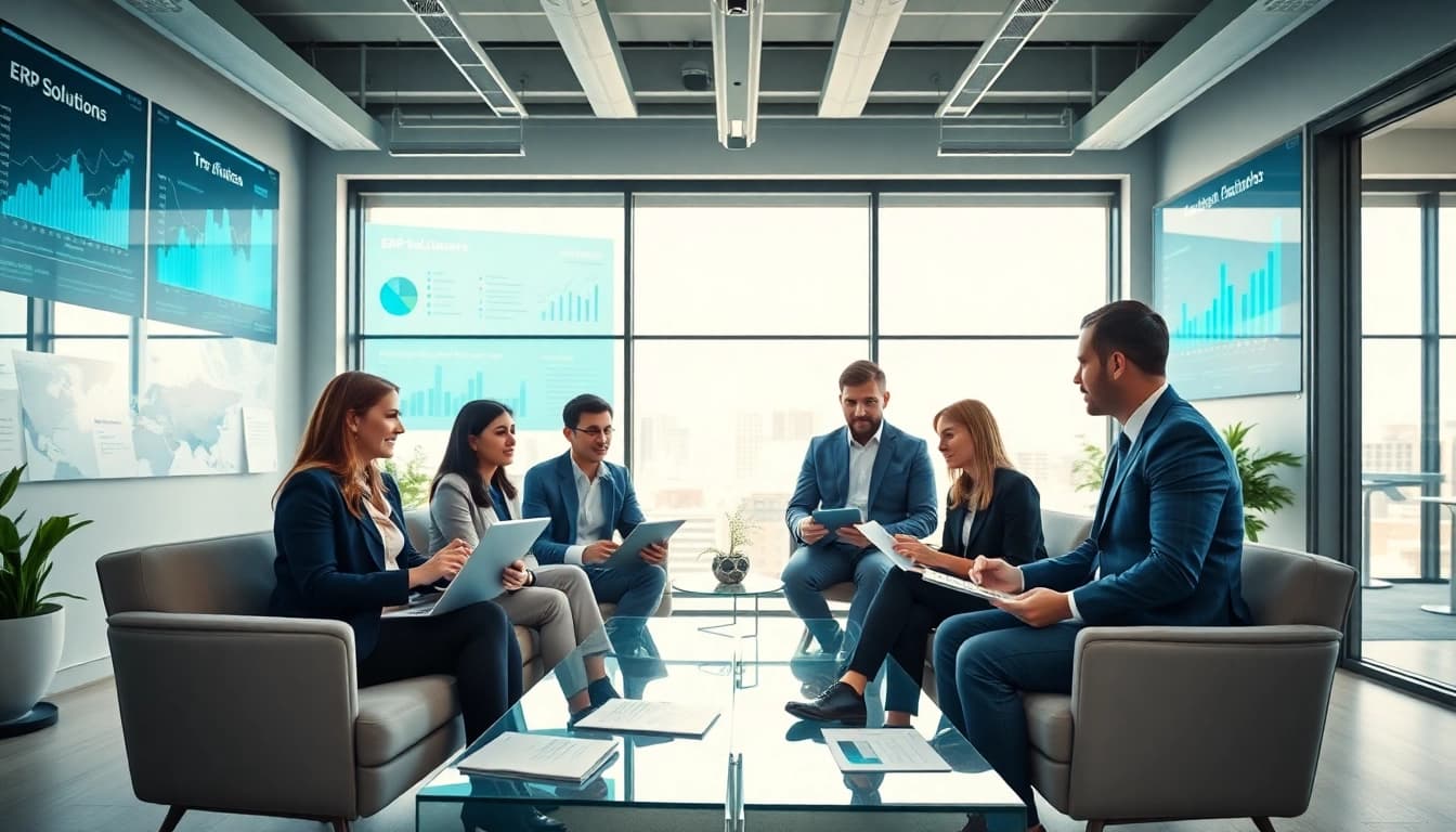 Business professionals collaborating on ERP yazılım solutions in a modern office setting.