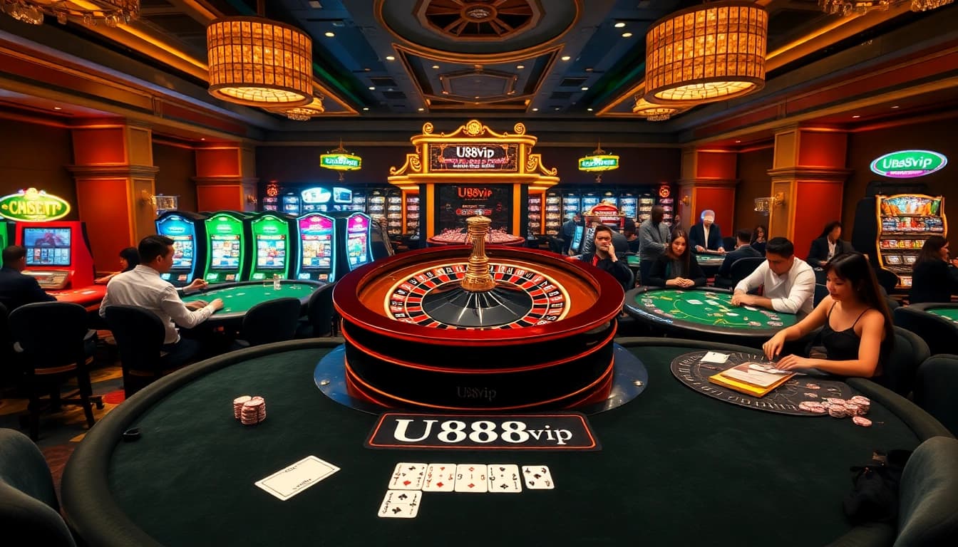 Excited players at U888vip casino, enjoying roulette and poker in a vibrant gaming atmosphere.