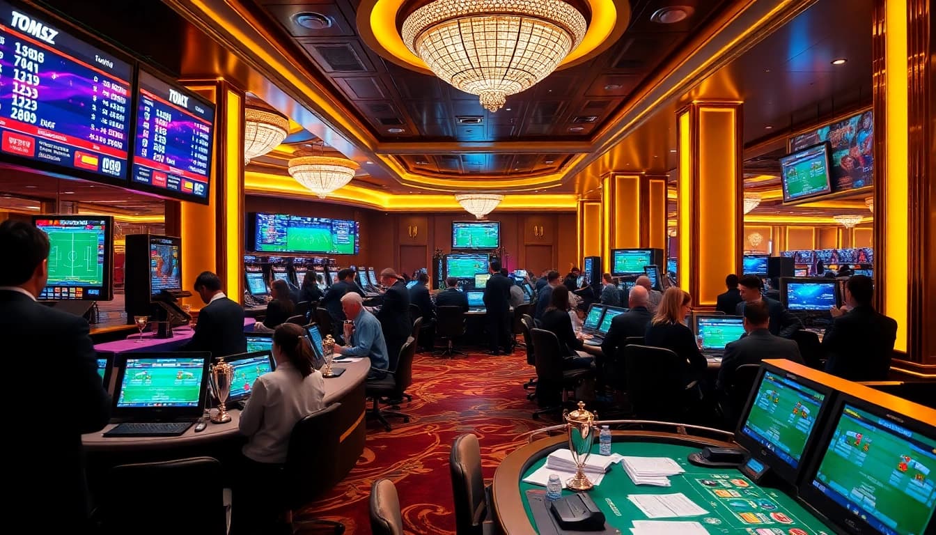 Betting on Kèo Bóng Đá amidst a vibrant casino scene with excited players and live odds displays.