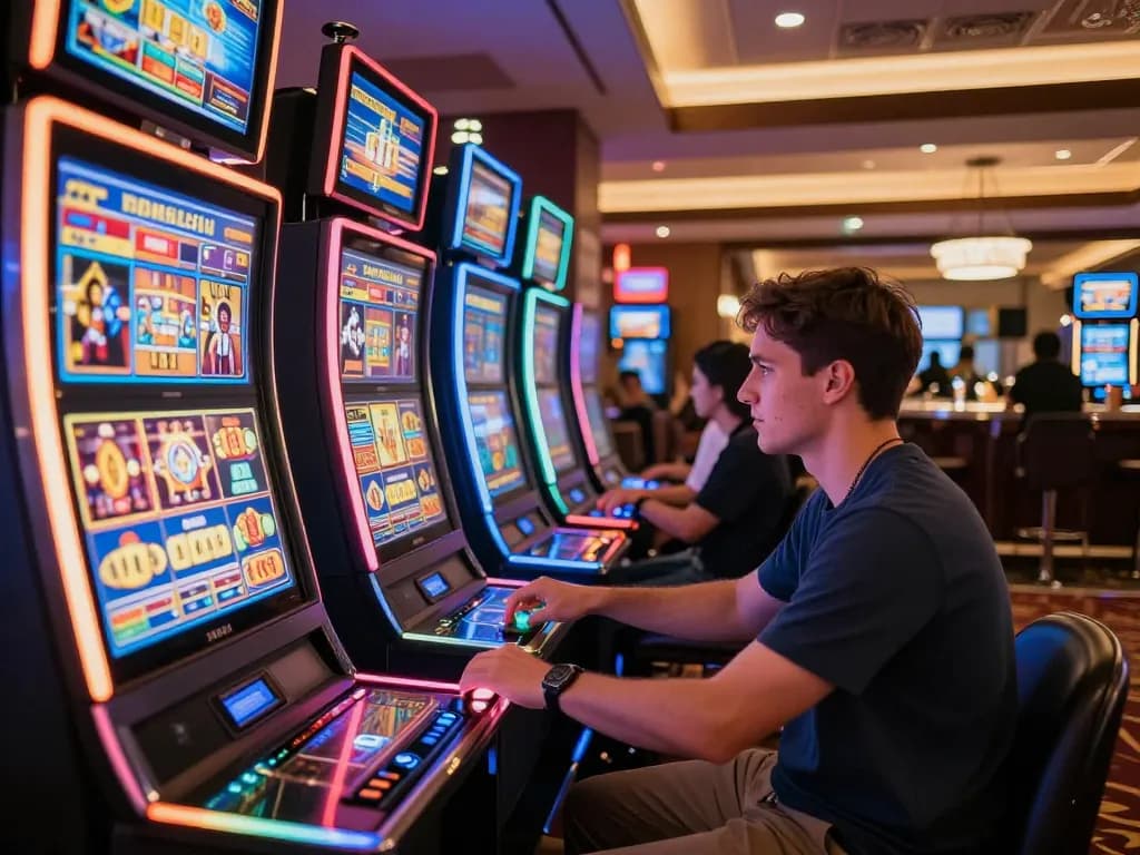 Player engaging with casino app on a smartphone for tg88 online gaming, vivid slot machines in background.