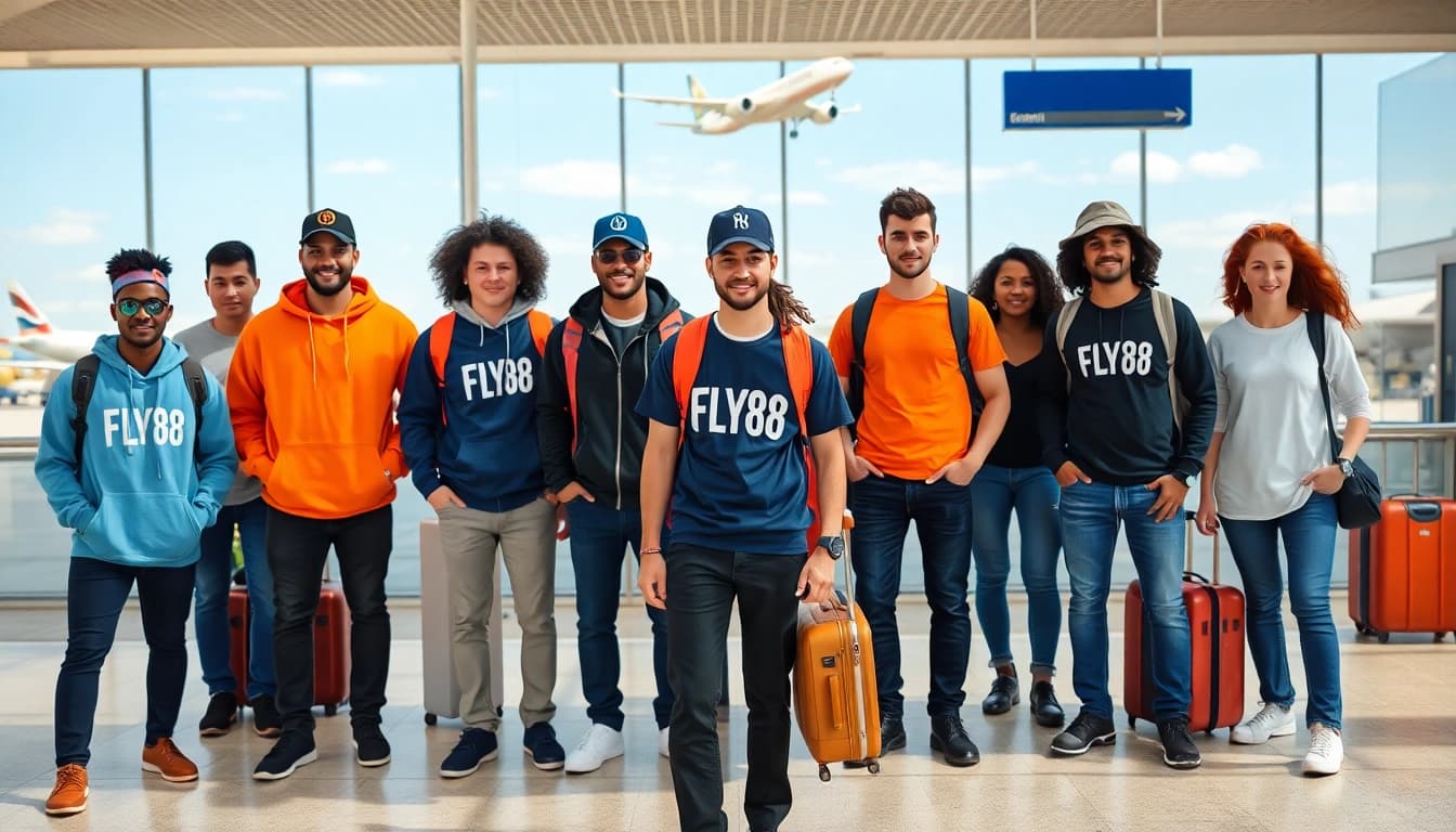 FLY88 aviation-inspired apparel showcased in a vibrant travel scene.